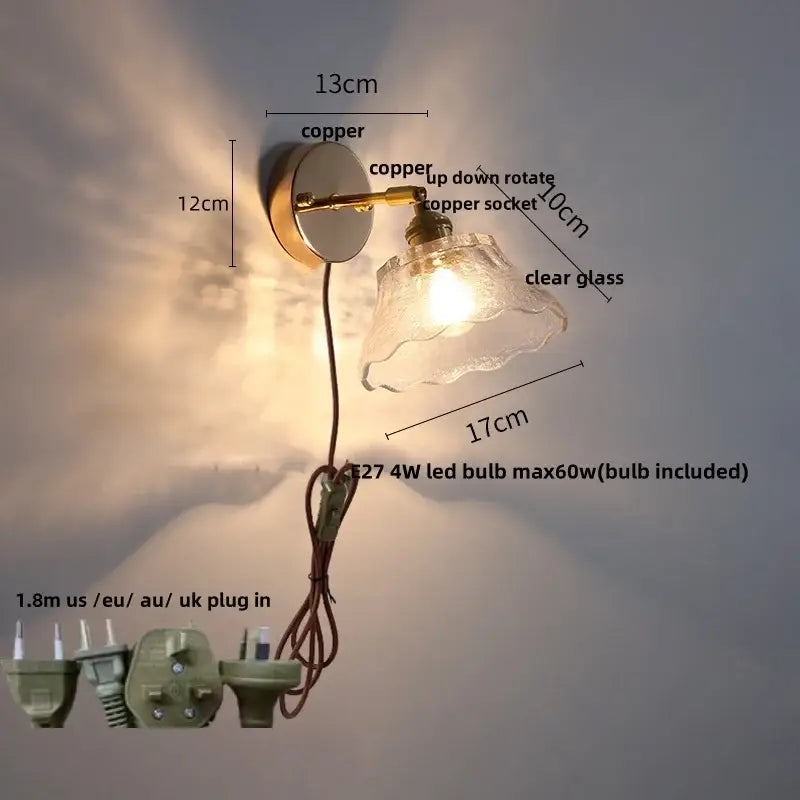 Modern brass floral wall sconce with clear glass shade and up-down rotating copper socket for decorbites clear glass lighting