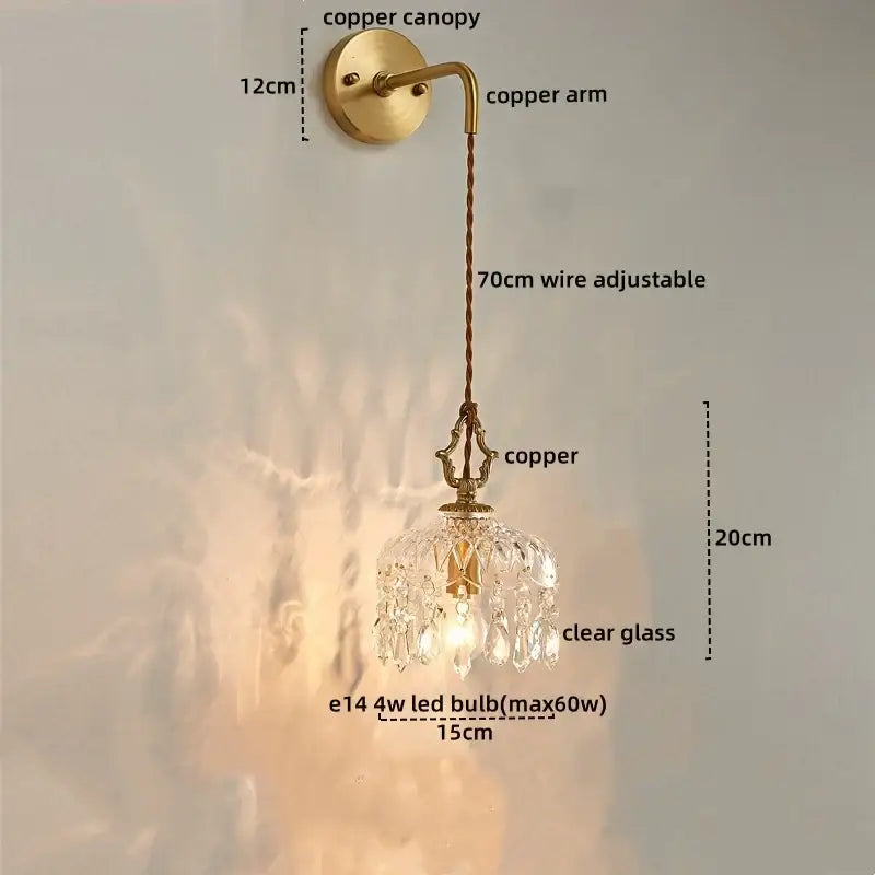 Modern brass flower glass led wall sconce with antique brass-finished copper and crystal pendant, adjustable 70cm wire decorbites led wall