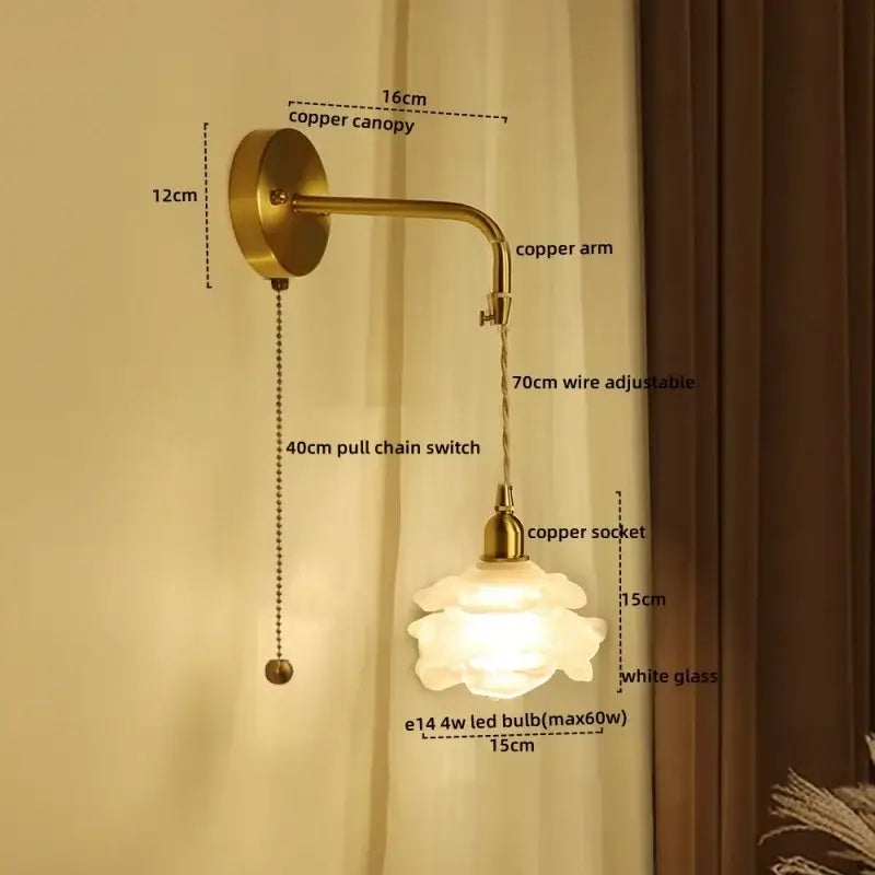 Modern brass flower glass led wall sconce with adjustable wire and pull chain switch for elegant bedroom lighting decorbites led wall