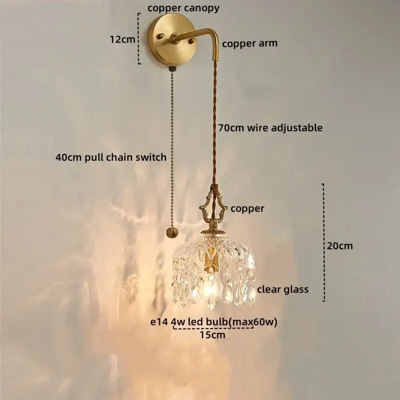 Modern brass flower glass led wall sconce featuring an antique brass copper design with dangling crystal shade and 70cm wire