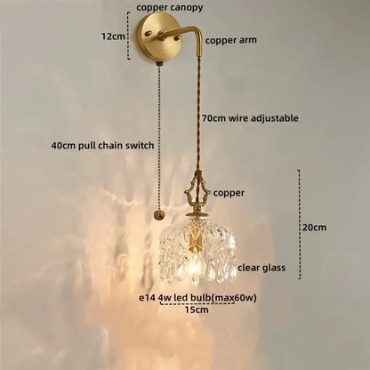 Modern brass flower glass led wall sconce featuring an antique brass copper design with dangling crystal shade and 70cm wire