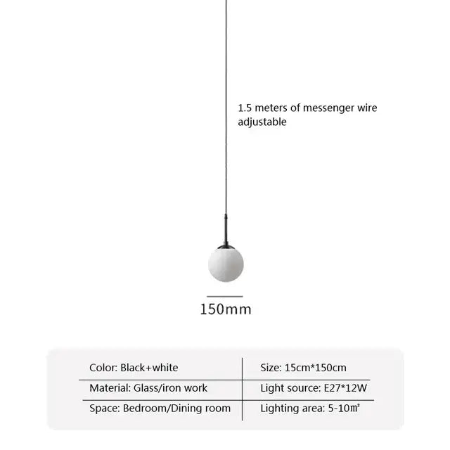 Modern brass glass ball led chandelier features a minimalist black and white glass ball led pendant light suspended by adjustable wire