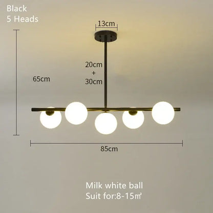 Modern black metal ball pendant chandelier with five milk white glass ball globes for dining room decorbites glass ball