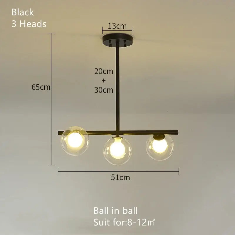 Black three-head modern metal frame pendant light with clear glass globe bulbs for decorbites glass ball pendant chandelier