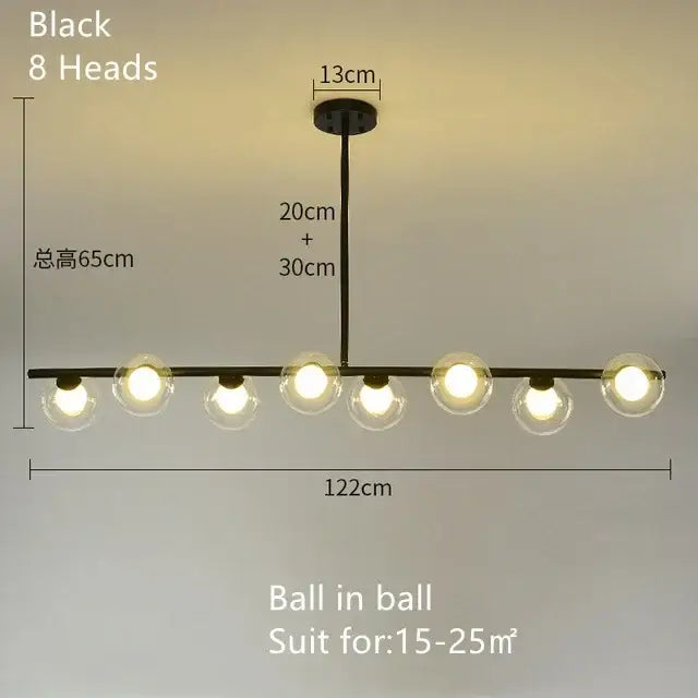 Modern black metal glass ball pendant chandelier with eight clear glass globe bulbs for dining room decorbites lighting
