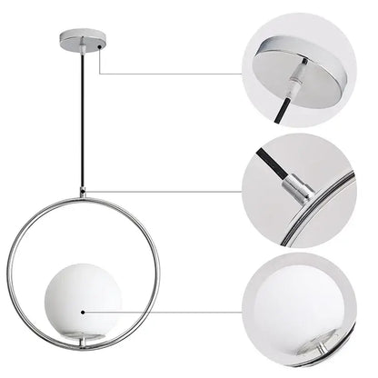 Modern brass glass ball pendant lights with chrome finish featuring a sleek circular frame and white glass ball pendant