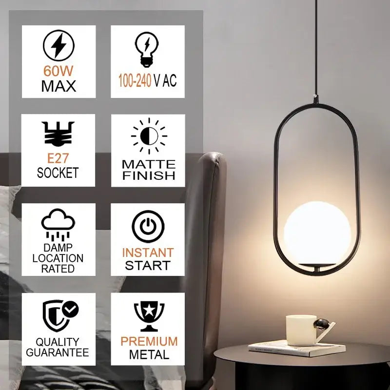 Modern black matte pendant light with oval frame and frosted glass globe ideal for decorbites glass ball pendant lighting