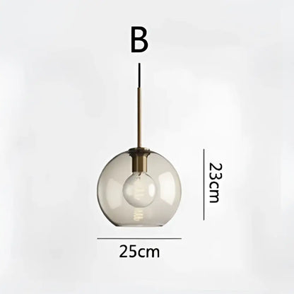 Minimalist spherical glass chandelier with brass fixture and exposed bulb, 25cm diameter hanging 23cm from ceiling decorbites glass chandelier