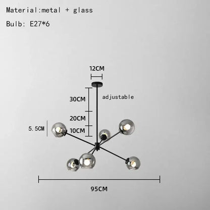 Modern black metal and glass chandelier with six spherical bulbs featuring clear glass shades for living spaces