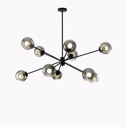Modern black metal glass chandelier with multiple spherical clear glass shades for elegant living spaces and dining rooms