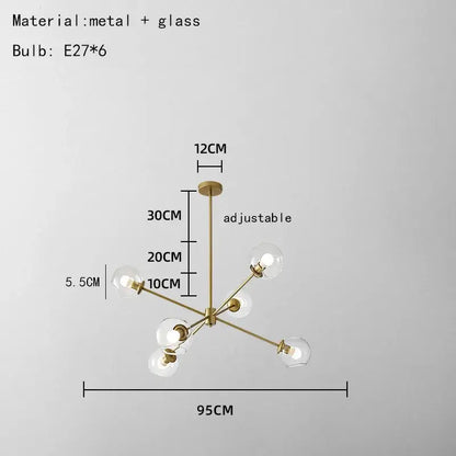 Modern brass glass chandelier with six spherical bulbs and clear glass shades for elegant dining room living spaces
