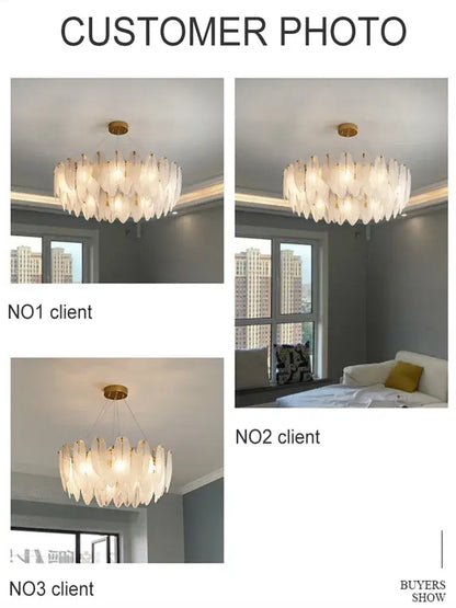 Elegant white glass feather chandelier with circular layered petal shades and modern brass accents for dining room use