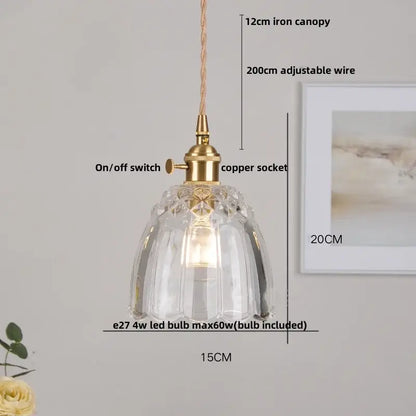 Modern brass glass led pendant light with faceted clear glass and adjustable copper wire suspension for dining room decorbites brass glass