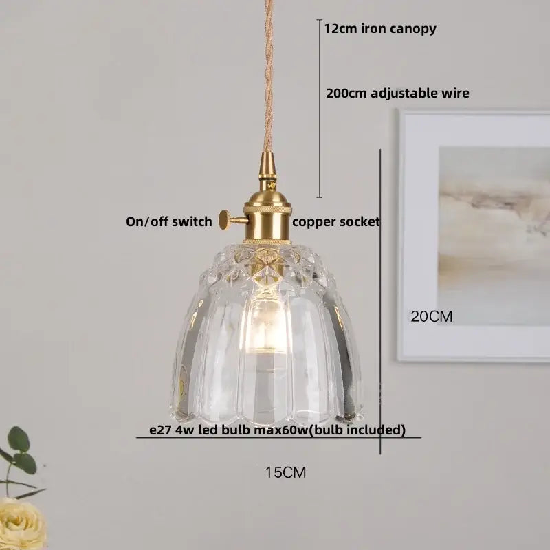 Modern brass glass led pendant light with faceted clear glass and adjustable copper wire suspension for dining room decorbites brass glass