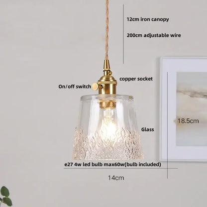 Modern brass glass led pendant light with textured leaf-patterned clear glass base and brass metal for dining room decorbites brass glass