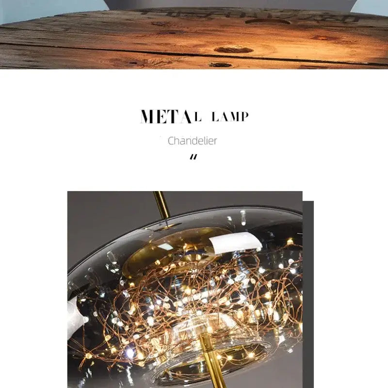 Modern brass glass pendant light with gold-toned metal and copper wire fairy lights inside a clear glass dome chandelier