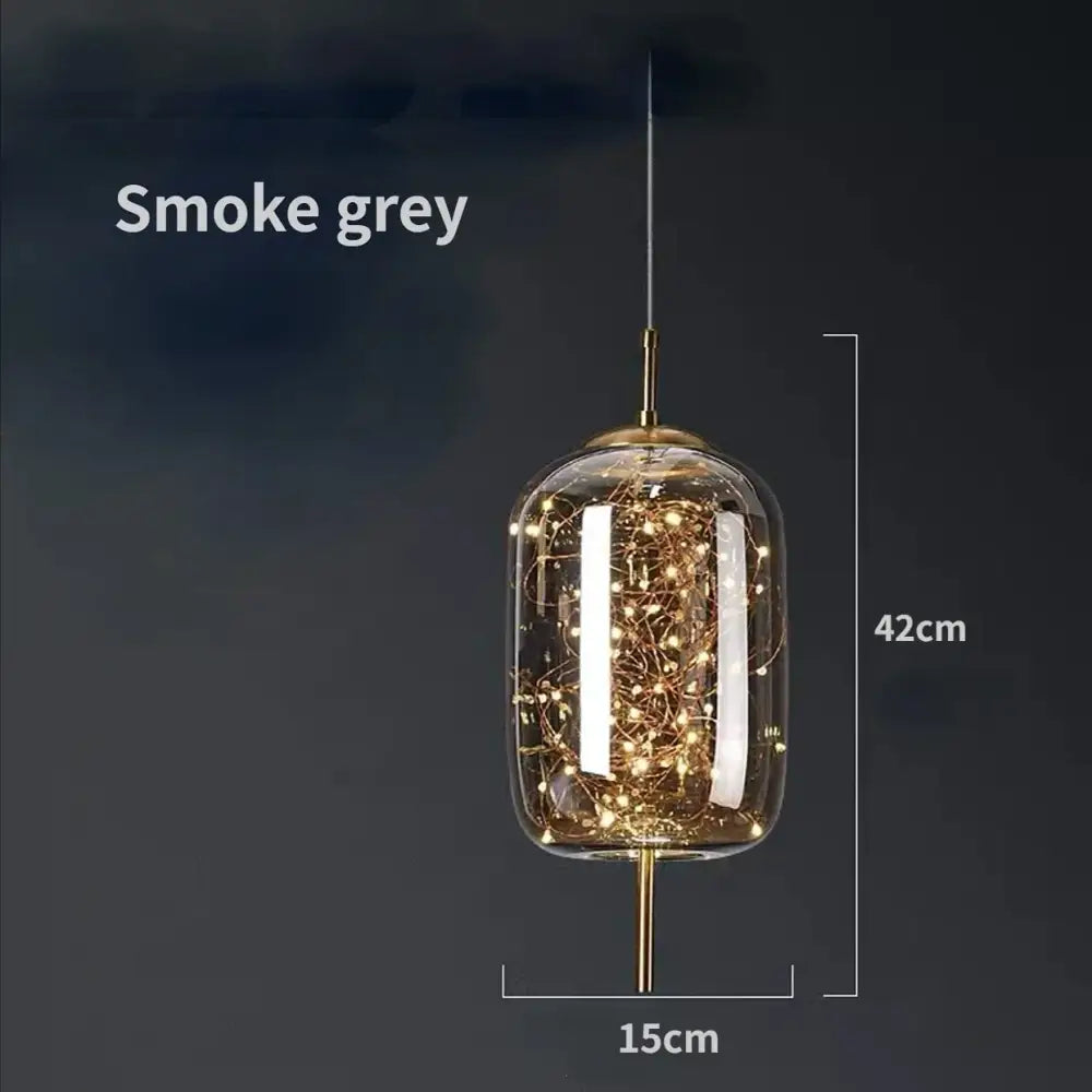 Modern brass glass pendant light featuring smoke grey glass pendant light with golden filament strings for bedroom use