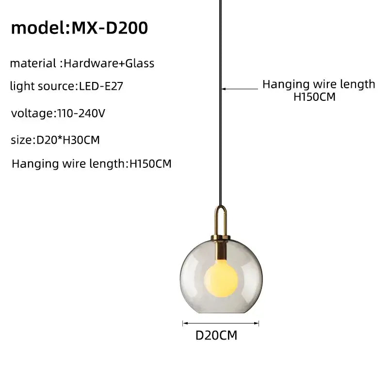 Modern brass glass staircase chandelier featuring a clear glass globe pendant light with brass fixture and led bulb