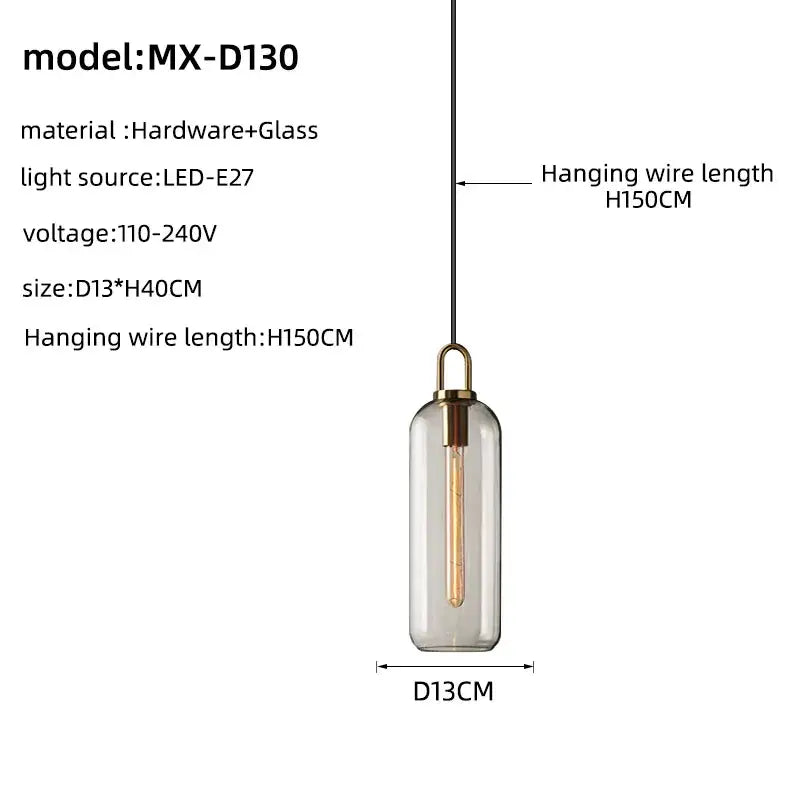Modern brass glass staircase chandelier with cylindrical glass pendant and exposed led-e27 filament bulb for living room