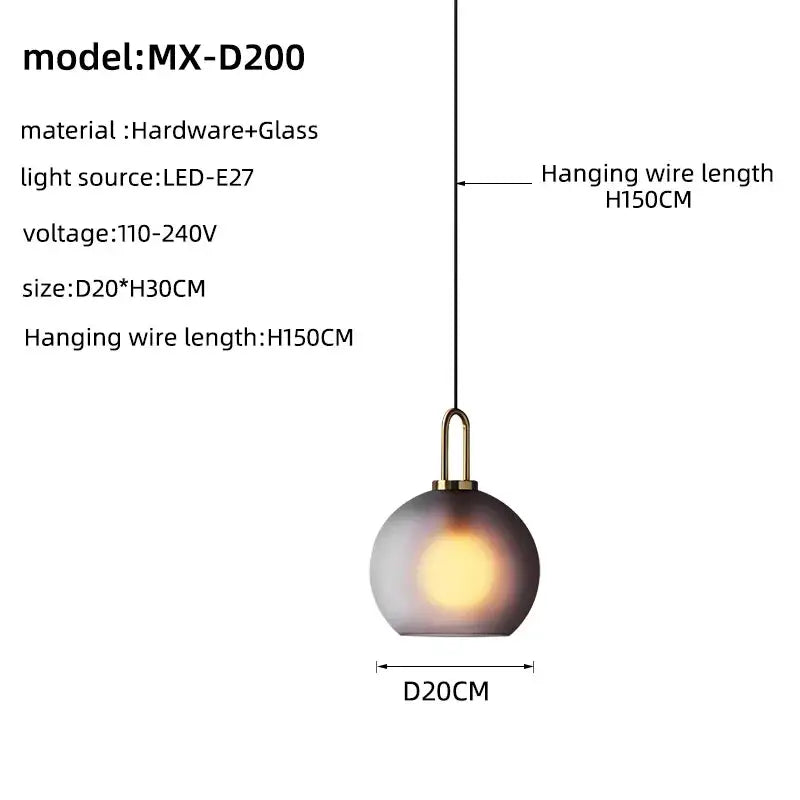 Modern brass glass staircase chandelier featuring a spherical frosted glass shade with brass hardware model mx-d200