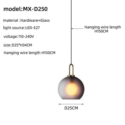 Modern brass glass staircase chandelier featuring a spherical frosted glass shade with brass hardware model mx-d250