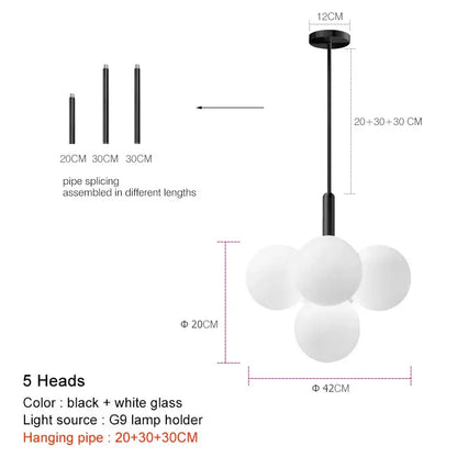 Modern black and white glass globe pendant lamp with five spherical bulbs for dining room use in frosted glass cluster