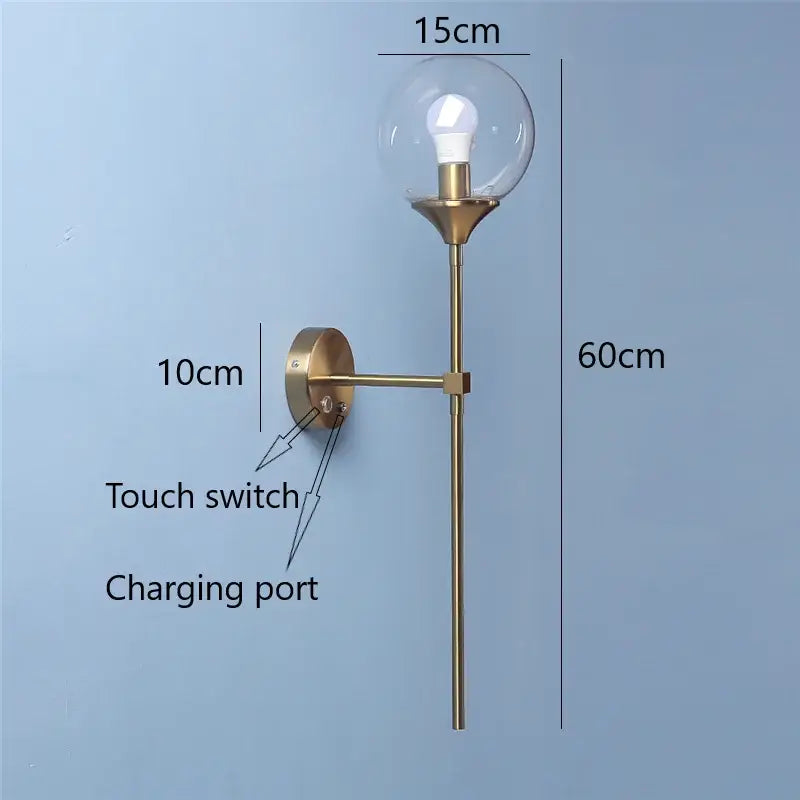 Modern brass golden glass ball wall lamp with clear glass globe and led bulb, perfect for bedroom decorbites golden glass