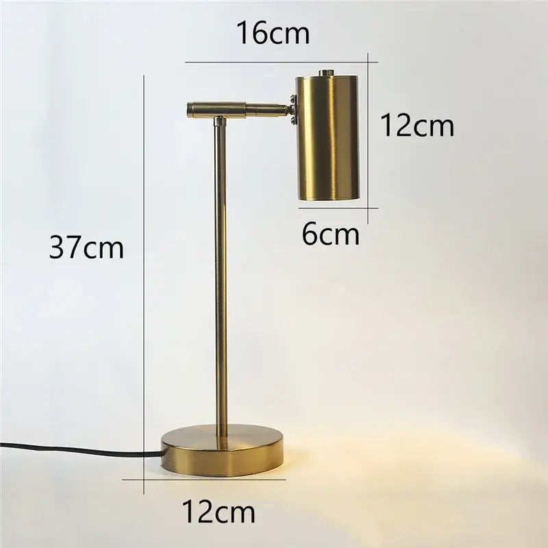 A sleek modern brass golden table lamp with a cylindrical head and 37cm height for study reading desk light