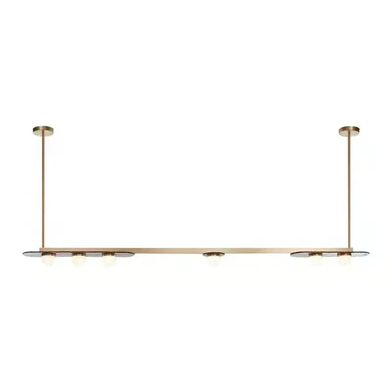 Modern brass gray glass led chandeliers featuring sleek horizontal bar and evenly spaced circular glass shades for dining room