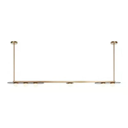 Modern brass gray glass led chandeliers featuring sleek horizontal bar and evenly spaced circular glass shades for dining room