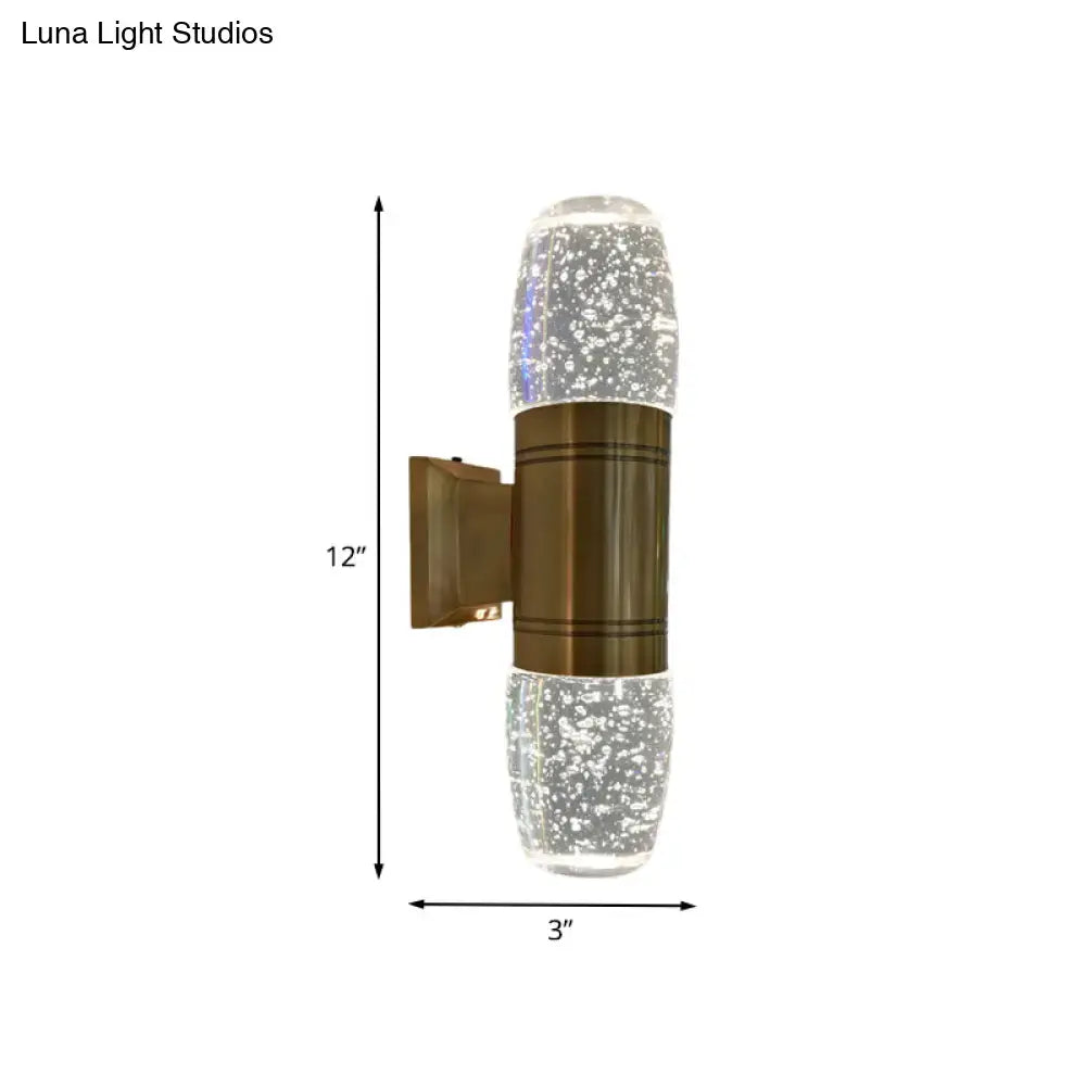 Modern brass led crystal wall sconce light with bubble-textured glass and metallic band for bedroom wall sconce light