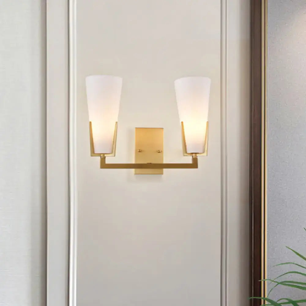 Modern brass led wall lamp bedroom sconce with gold-toned metal and two frosted white glass shades for 220v-240v 110v-120v use