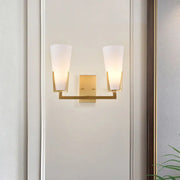 Modern brass led wall lamp bedroom sconce with gold-toned metal and two frosted white glass shades for 220v-240v 110v-120v use