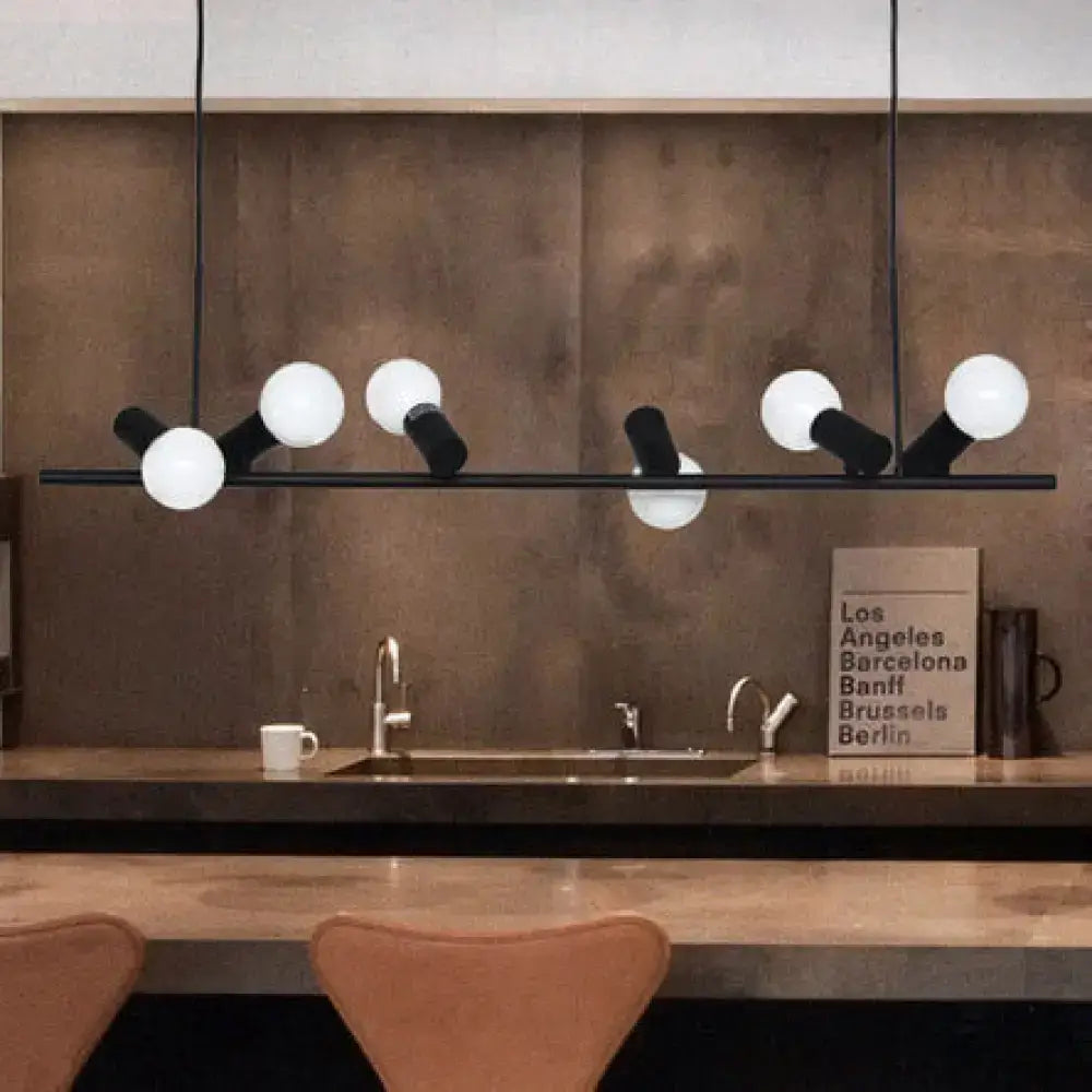 DecorBites™ black metal island lamp with six asymmetrical white spherical bulbs and maximum bulb wattage for dining room