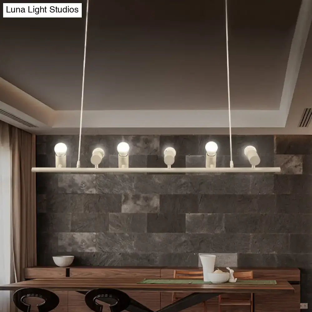 Modern black metal island lamp DecorBites™ with five glowing white bulbs and matte cylindrical fixtures for dining room use