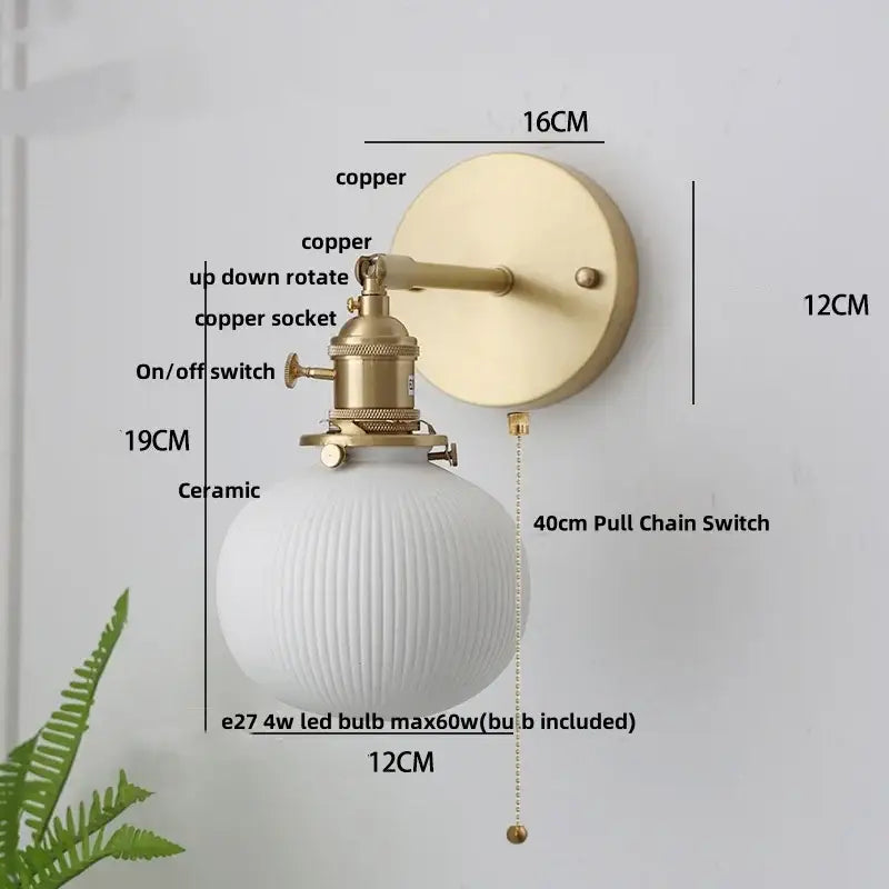 Modern brass mountain led wall lamp sconce with brushed copper finish and white ceramic globe shade for bedroom stairs