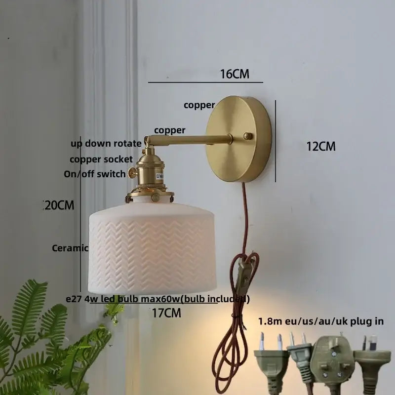 Copper wall lamp sconce with a textured ceramic shade modern brass led wall lamp for bedroom stair lighting