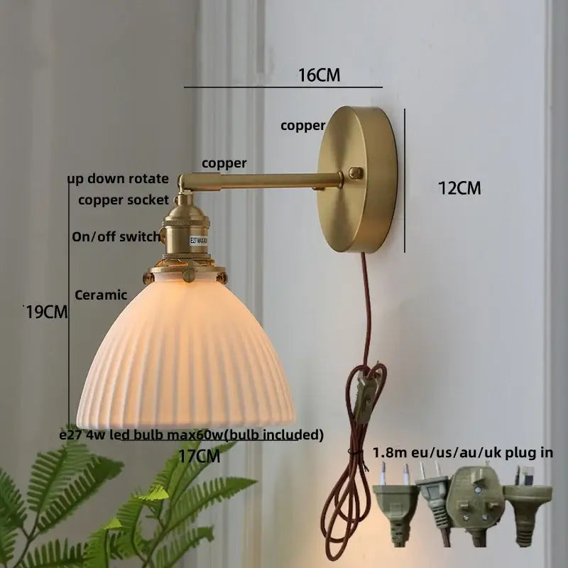 Modern brass mountain led wall lamp sconce with a vintage copper base and ribbed ceramic lampshade for bedroom stairs