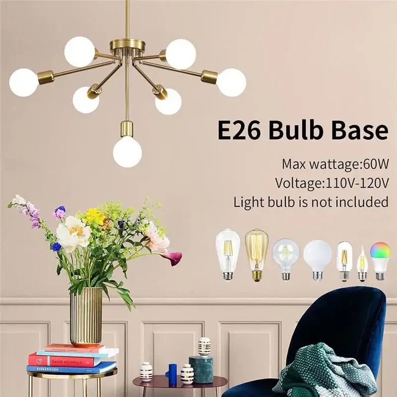 Modern brass nordic ceiling chandelier with six white glass bulbs and gold-toned central fixture for living room