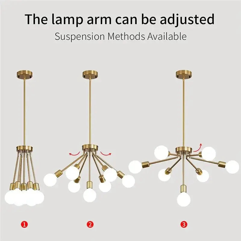 Modern brass nordic ceiling chandelier with gold finish, adjustable arms, and spherical white glass bulbs for living room lighting
