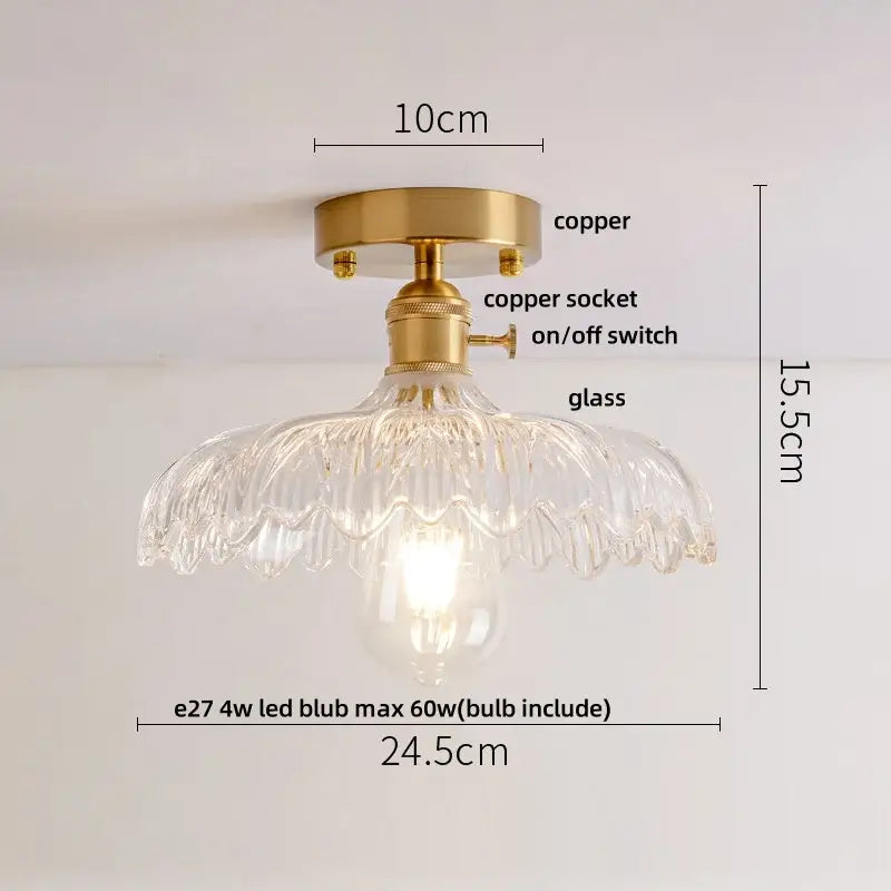 Modern brass orchid glass led ceiling lamp with clear glass pendant and integrated on/off switch for bedroom use
