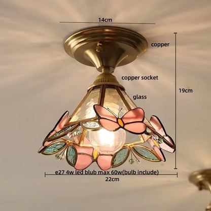 Modern brass orchid glass led ceiling lamp with copper frame and pink green stained-glass butterflies design