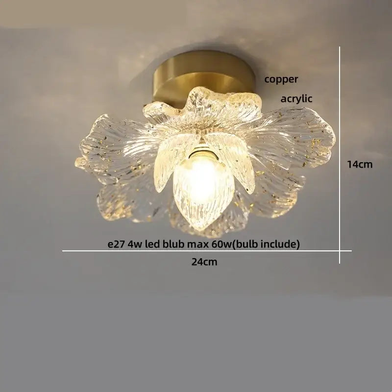 Modern brass orchid glass led ceiling lamp featuring a delicate acrylic flower design with copper base and integrated led bulb