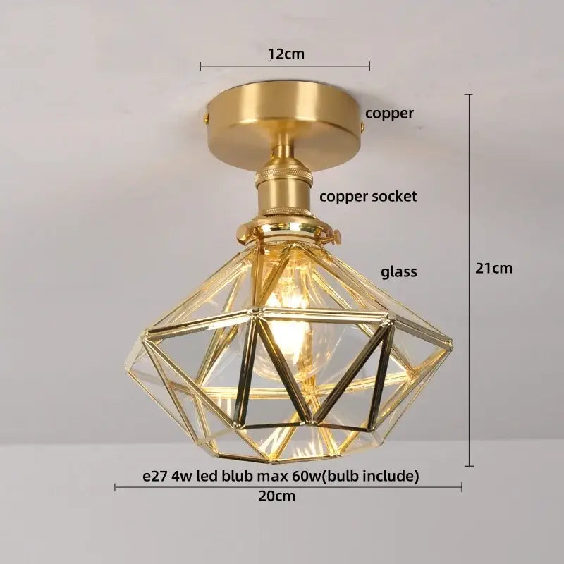 Modern brass orchid glass led ceiling lamp with gold finished copper and geometric glass shade for bedroom lighting
