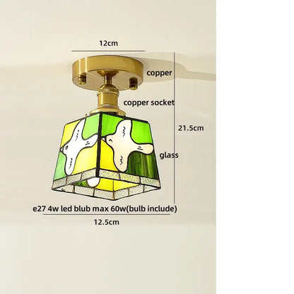 Modern brass orchid glass led ceiling lamp with green and yellow stained glass and white bird motifs for bedroom