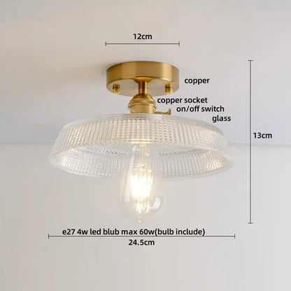 Modern brass orchid glass led ceiling lamp with brass copper fixture and clear ribbed glass shade for bedroom ceiling lamp