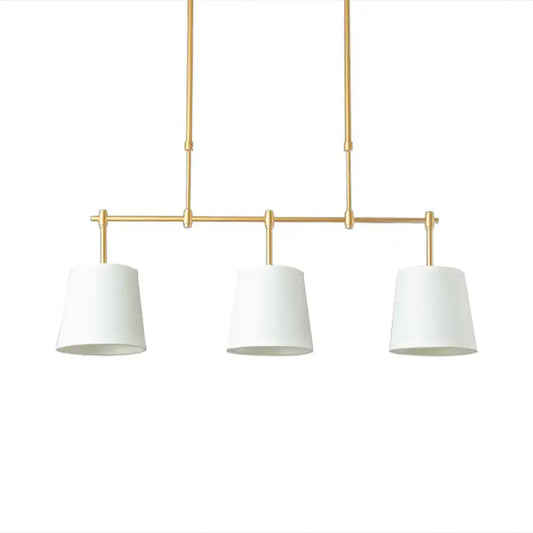 Modern brass pendant light with three white green flaxen cylindrical shades for dining room lighting using led incandescent fluorescent bulbs