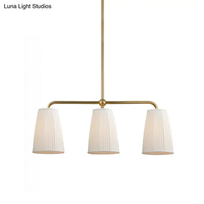 Brass-finished decorbites rustic pleated fabric pendant chandelier with three white fabric pendant shades for dining table