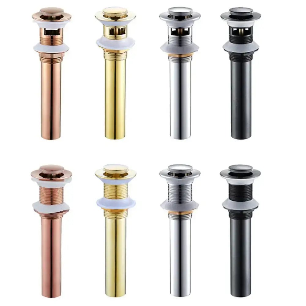 Modern brass pop up drain for bathroom sink in rose gold yellow brass chrome and black finishes by decorbites brass pop