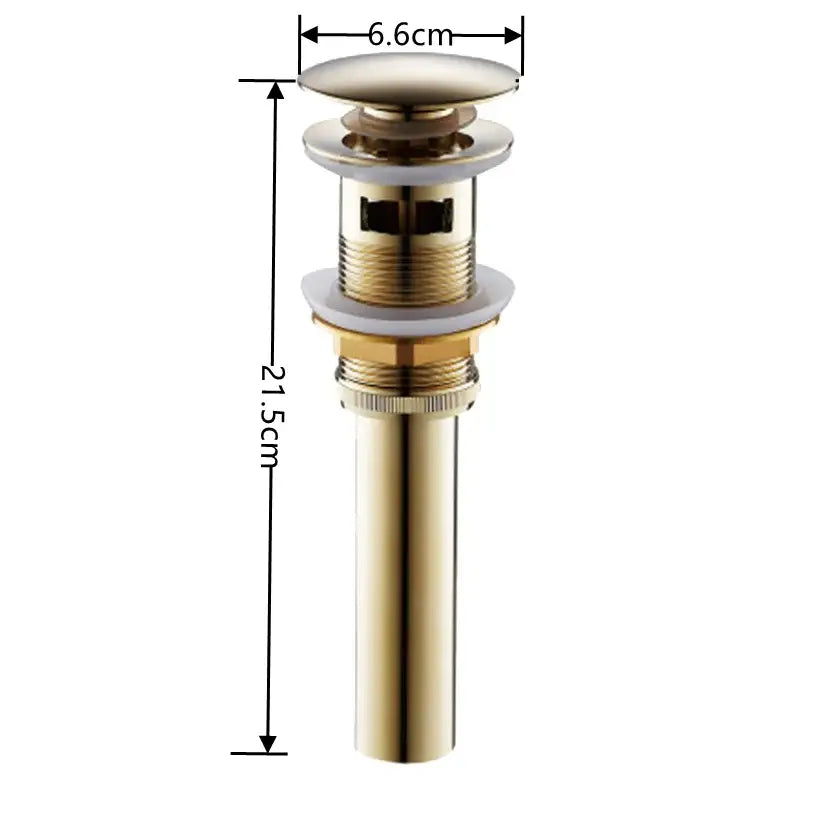 Modern brass pop up drain for bathroom sink in gold-toned brass with sleek cylindrical body by decorbites brass pop